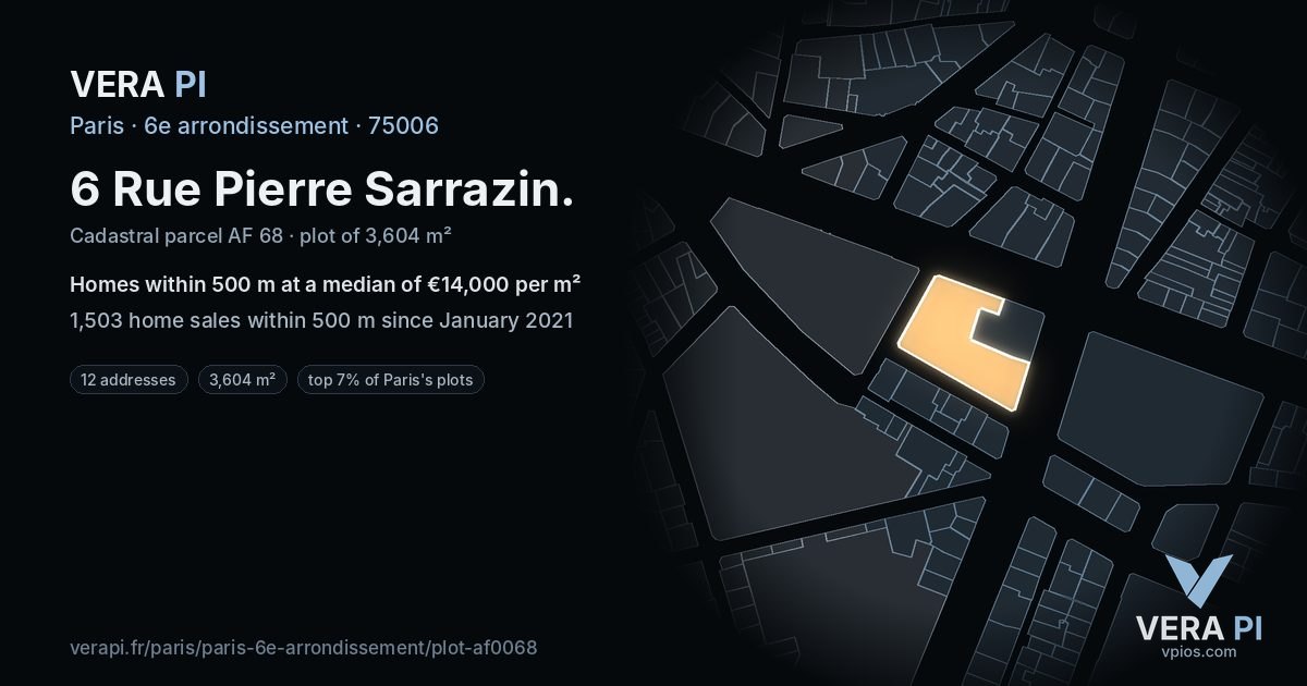 6 Rue Pierre Sarrazin, 6e arrondissement at night – the plot lit, the parcels around coloured by the prices near them