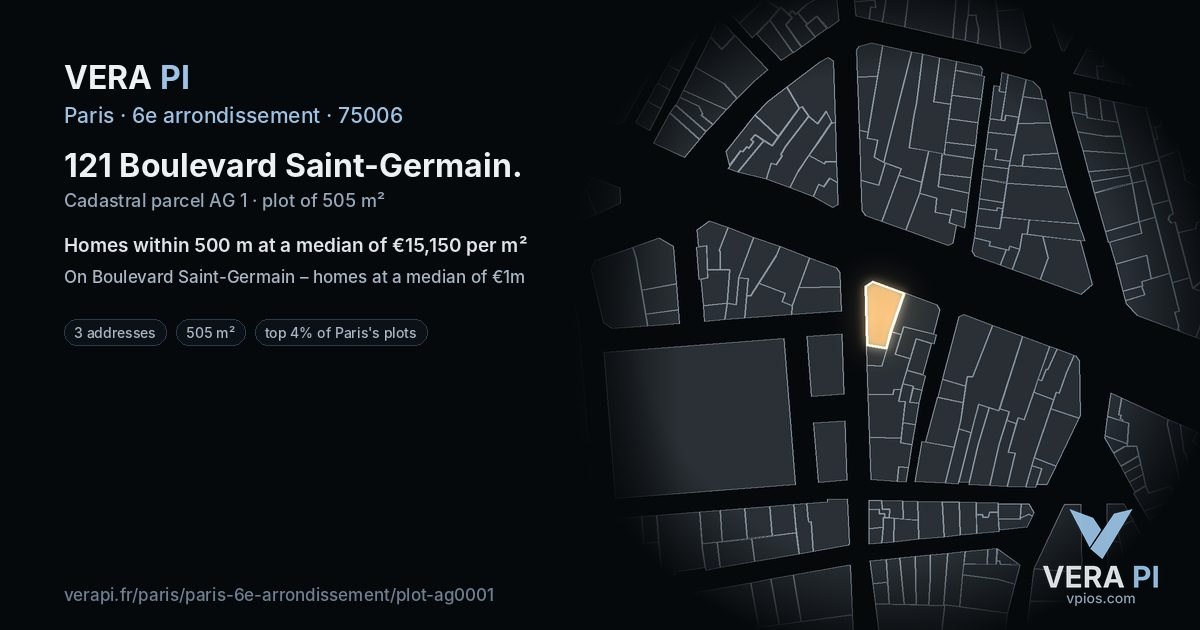 121 Boulevard Saint-Germain, 6e arrondissement at night – the plot lit, the parcels around coloured by the prices near them