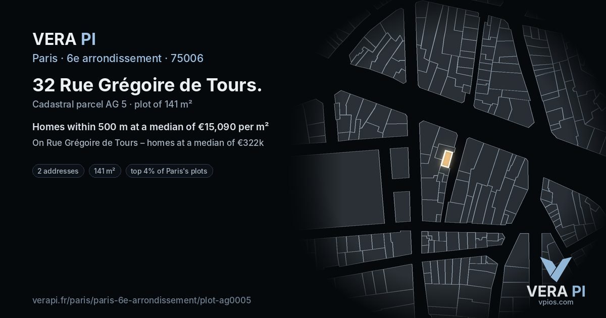 32 Rue Grégoire de Tours, 6e arrondissement at night – the plot lit, the parcels around coloured by the prices near them