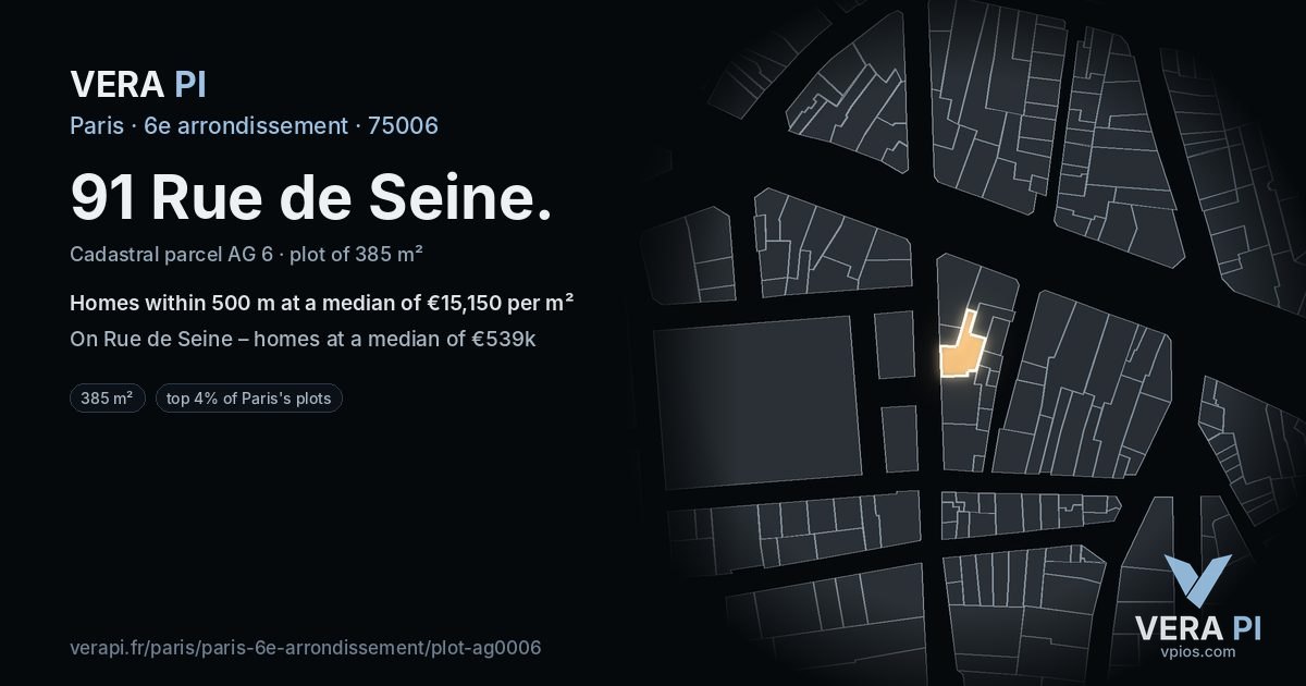 91 Rue de Seine, 6e arrondissement at night – the plot lit, the parcels around coloured by the prices near them