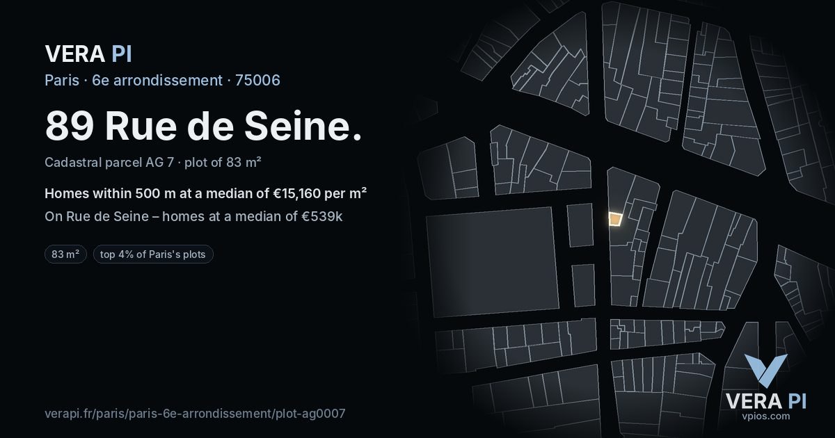 89 Rue de Seine, 6e arrondissement at night – the plot lit, the parcels around coloured by the prices near them