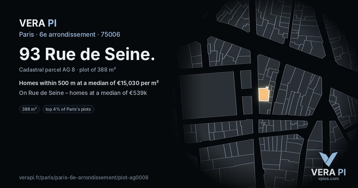 93 Rue de Seine, 6e arrondissement at night – the plot lit, the parcels around coloured by the prices near them