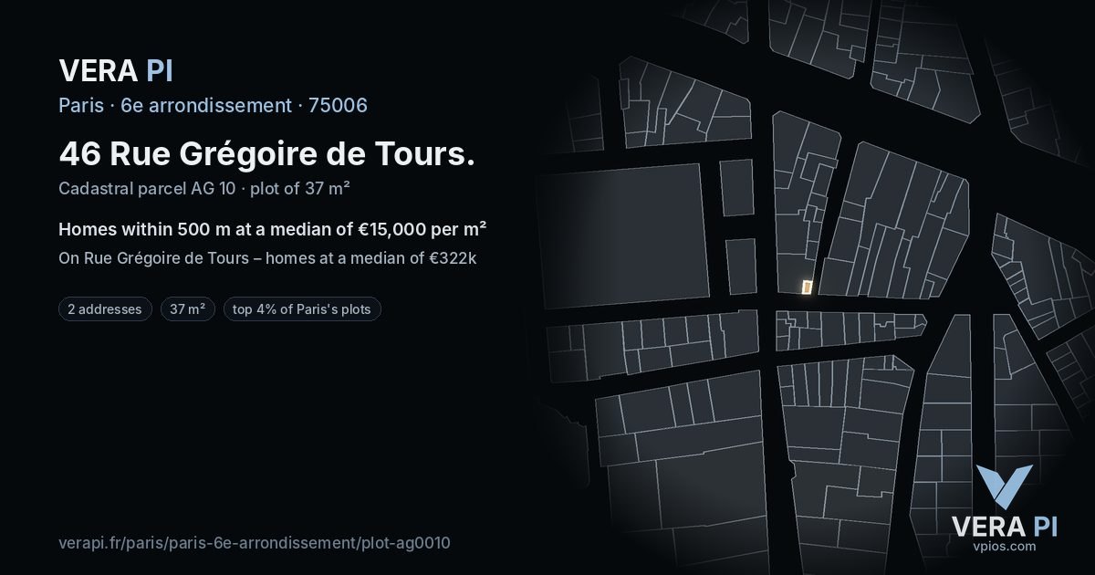 46 Rue Grégoire de Tours, 6e arrondissement at night – the plot lit, the parcels around coloured by the prices near them