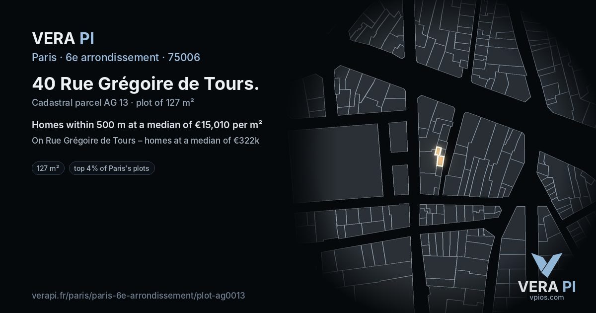 40 Rue Grégoire de Tours, 6e arrondissement at night – the plot lit, the parcels around coloured by the prices near them