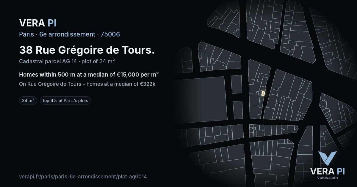 38 Rue Grégoire de Tours, 6e arrondissement at night – the plot lit, the parcels around coloured by the prices near them