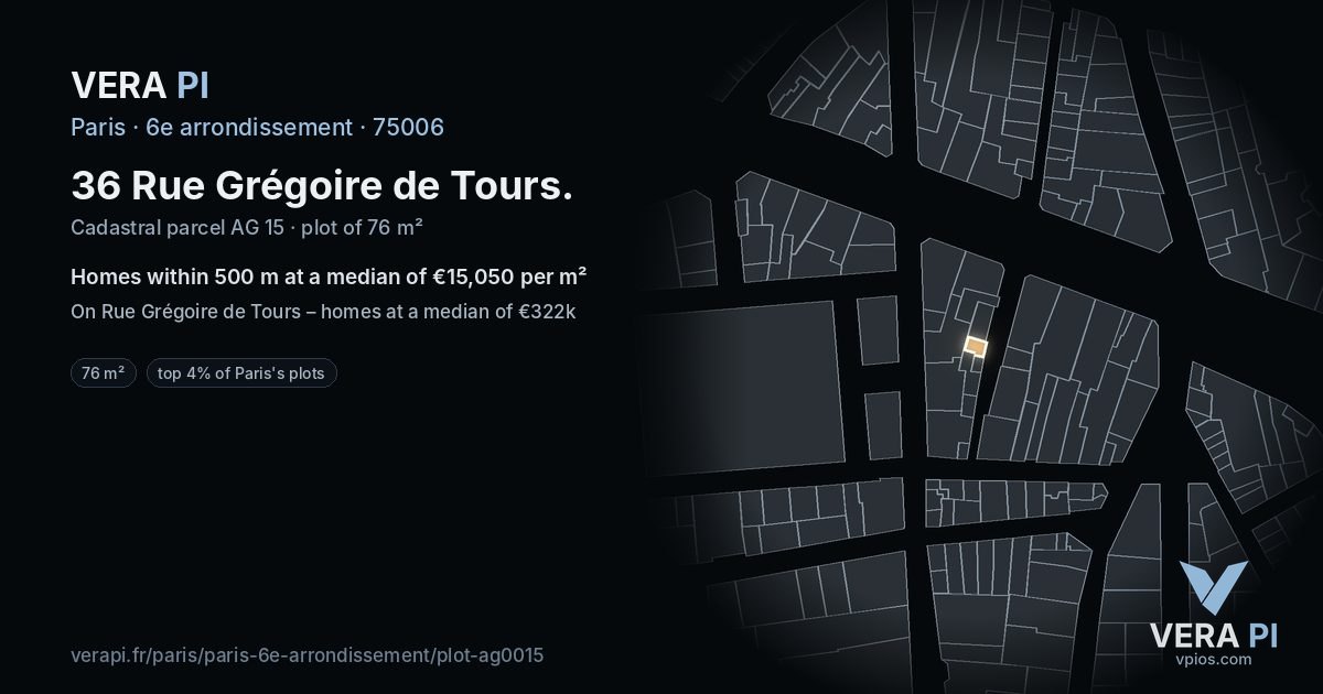 36 Rue Grégoire de Tours, 6e arrondissement at night – the plot lit, the parcels around coloured by the prices near them