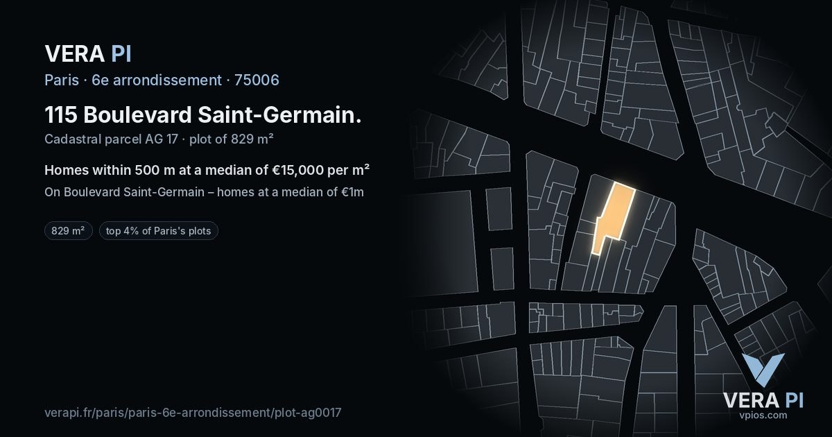 115 Boulevard Saint-Germain, 6e arrondissement at night – the plot lit, the parcels around coloured by the prices near them