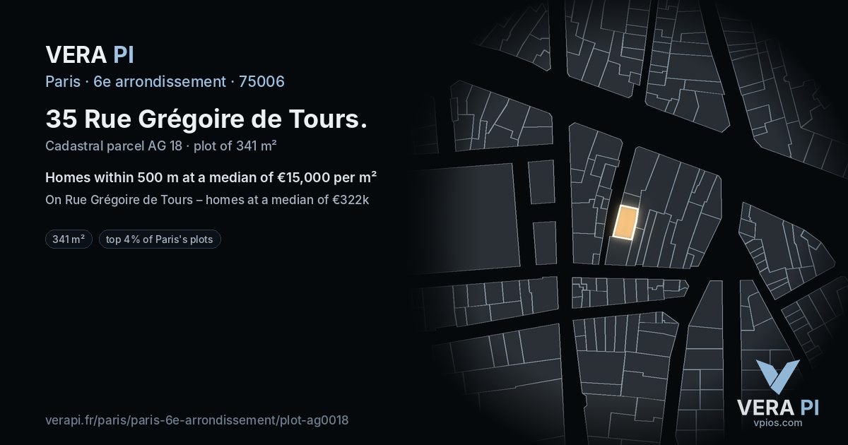 35 Rue Grégoire de Tours, 6e arrondissement at night – the plot lit, the parcels around coloured by the prices near them