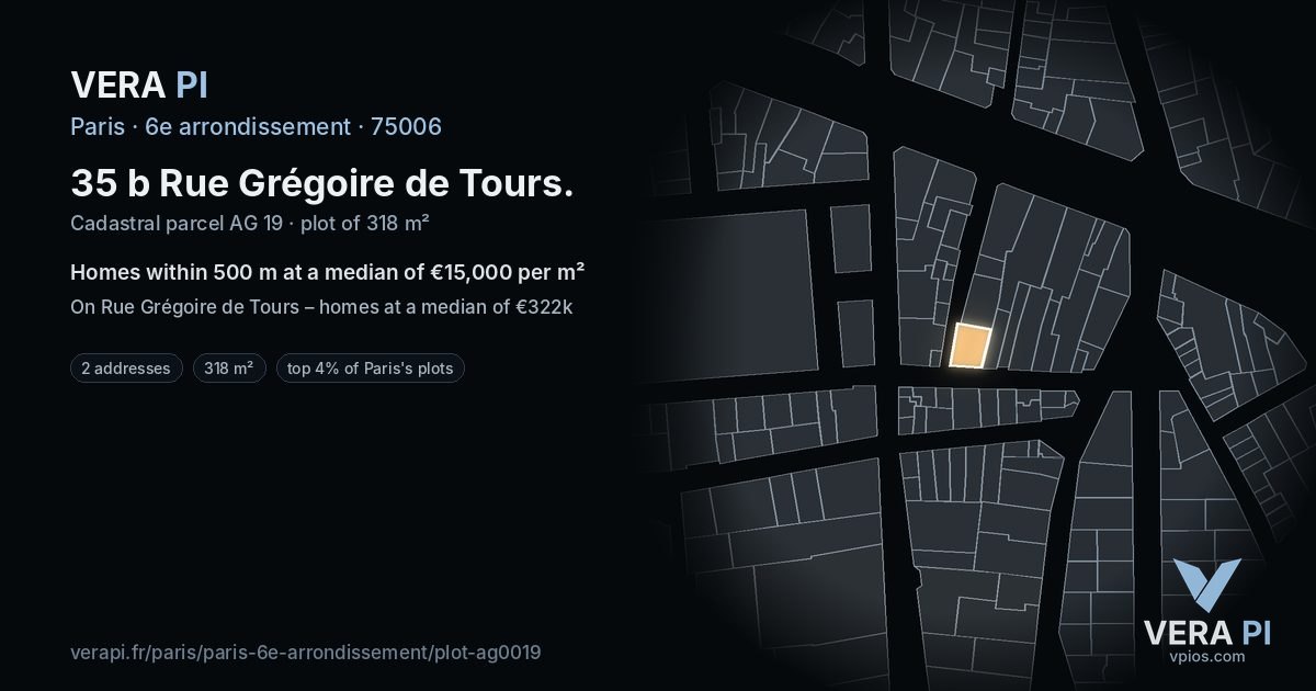 35 b Rue Grégoire de Tours, 6e arrondissement at night – the plot lit, the parcels around coloured by the prices near them