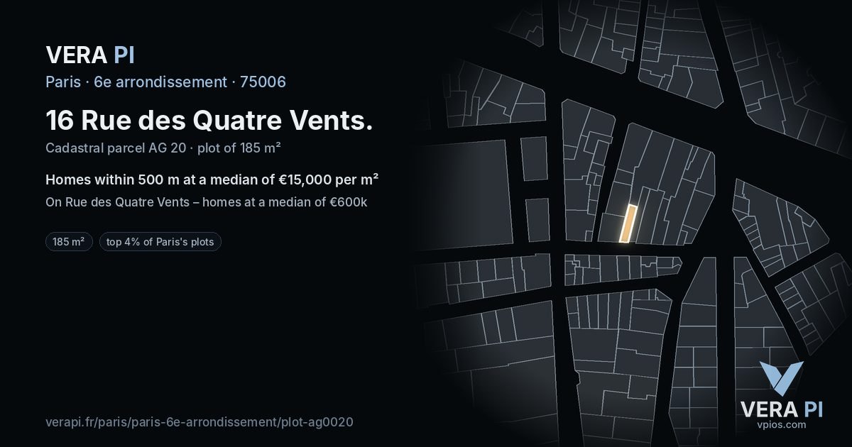 16 Rue des Quatre Vents, 6e arrondissement at night – the plot lit, the parcels around coloured by the prices near them