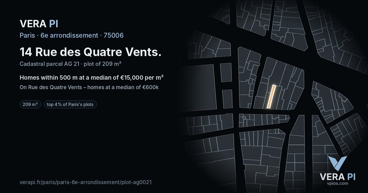 14 Rue des Quatre Vents, 6e arrondissement at night – the plot lit, the parcels around coloured by the prices near them