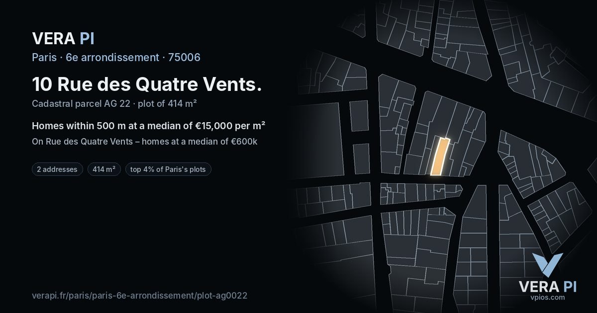 10 Rue des Quatre Vents, 6e arrondissement at night – the plot lit, the parcels around coloured by the prices near them