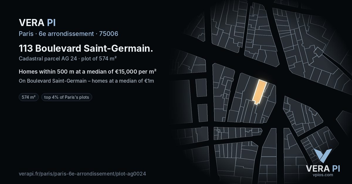 113 Boulevard Saint-Germain, 6e arrondissement at night – the plot lit, the parcels around coloured by the prices near them