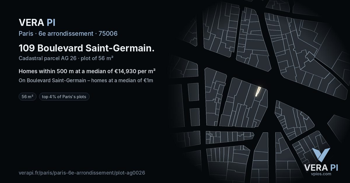 109 Boulevard Saint-Germain, 6e arrondissement at night – the plot lit, the parcels around coloured by the prices near them
