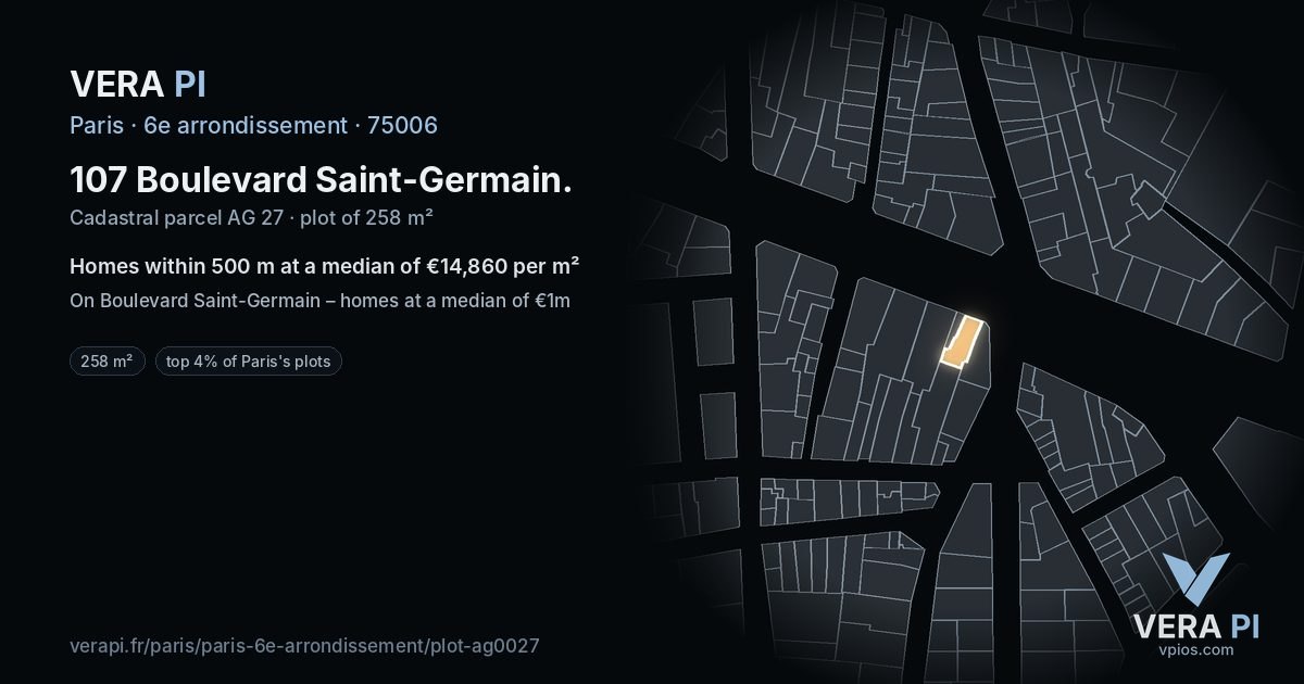 107 Boulevard Saint-Germain, 6e arrondissement at night – the plot lit, the parcels around coloured by the prices near them