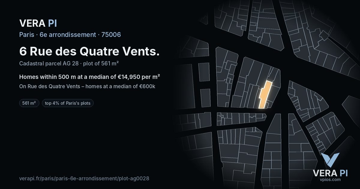 6 Rue des Quatre Vents, 6e arrondissement at night – the plot lit, the parcels around coloured by the prices near them