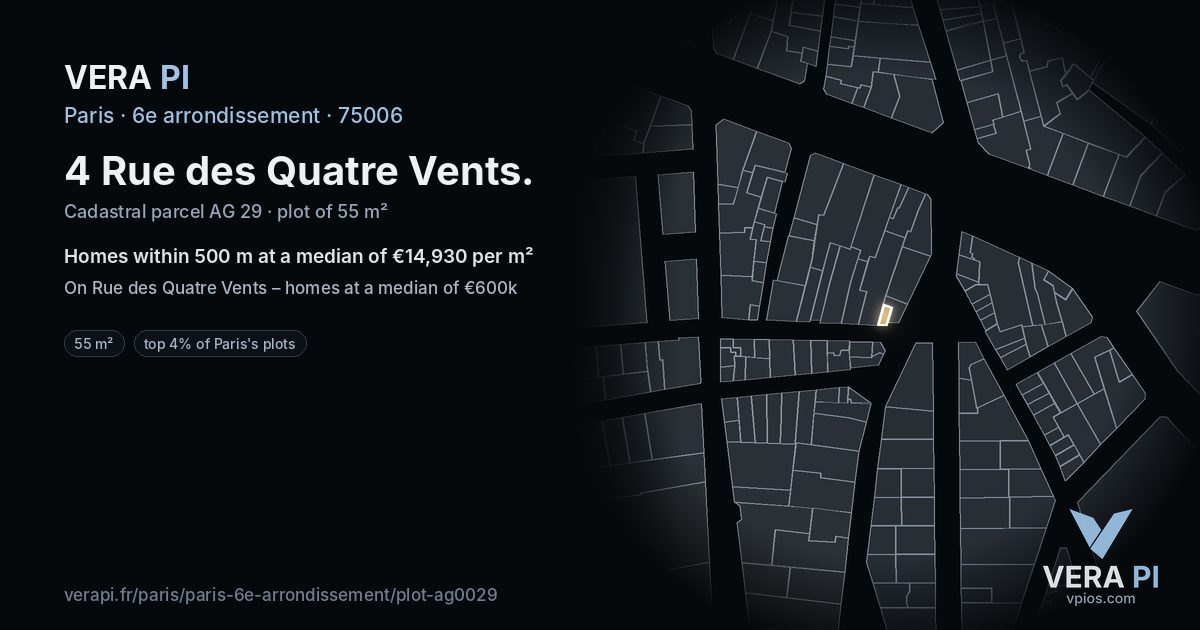 4 Rue des Quatre Vents, 6e arrondissement at night – the plot lit, the parcels around coloured by the prices near them