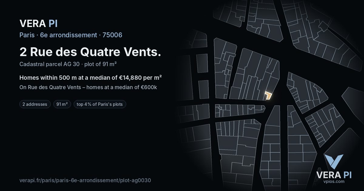 2 Rue des Quatre Vents, 6e arrondissement at night – the plot lit, the parcels around coloured by the prices near them