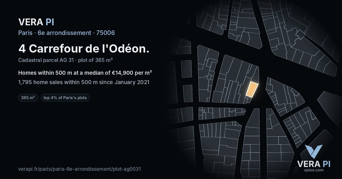 4 Carrefour de l'Odéon, 6e arrondissement at night – the plot lit, the parcels around coloured by the prices near them