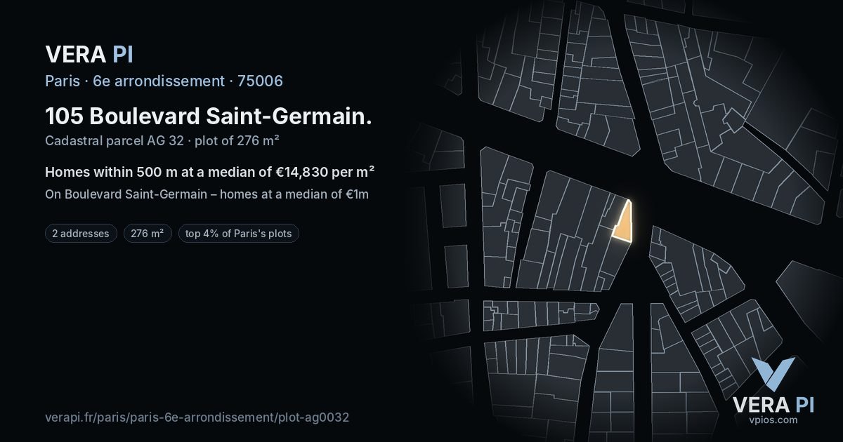 105 Boulevard Saint-Germain, 6e arrondissement at night – the plot lit, the parcels around coloured by the prices near them