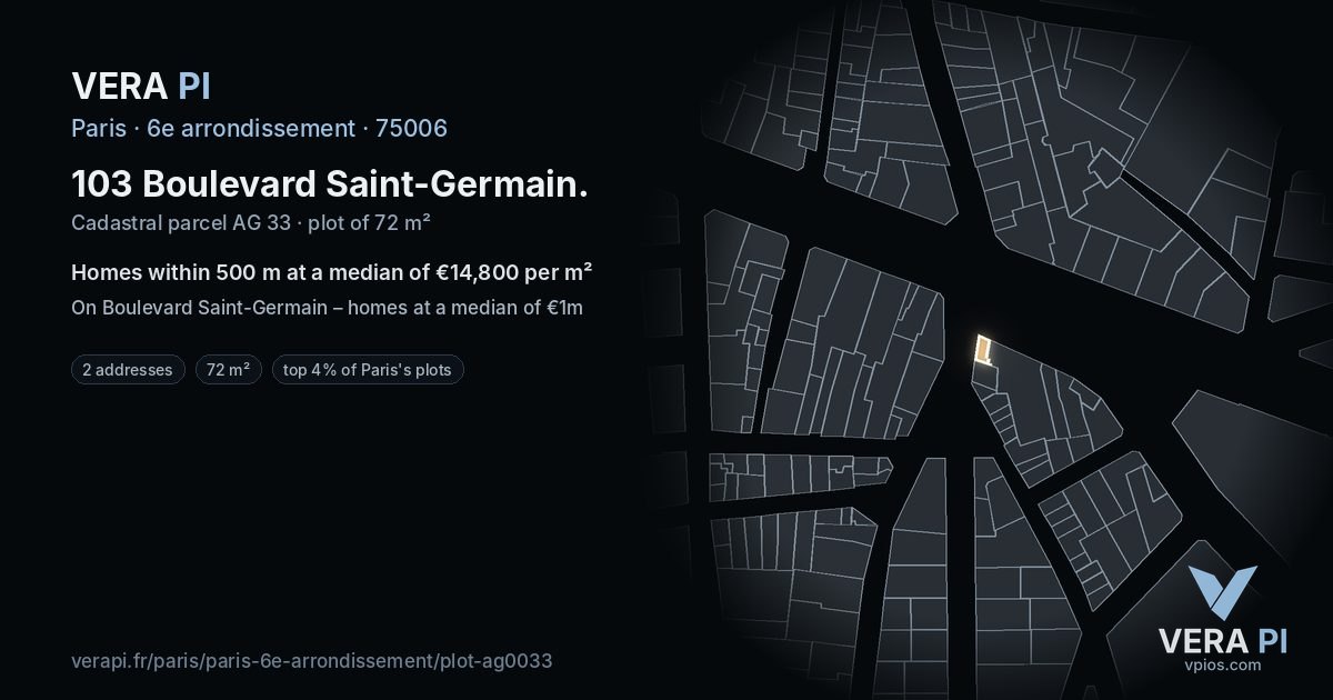 103 Boulevard Saint-Germain, 6e arrondissement at night – the plot lit, the parcels around coloured by the prices near them