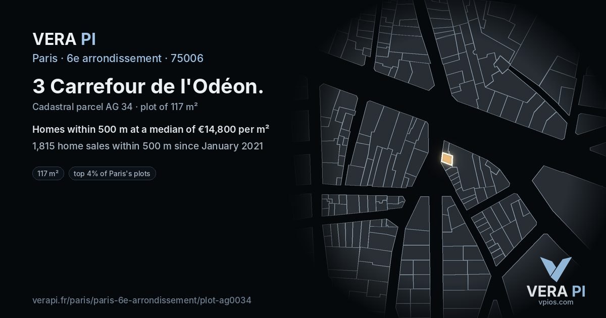3 Carrefour de l'Odéon, 6e arrondissement at night – the plot lit, the parcels around coloured by the prices near them