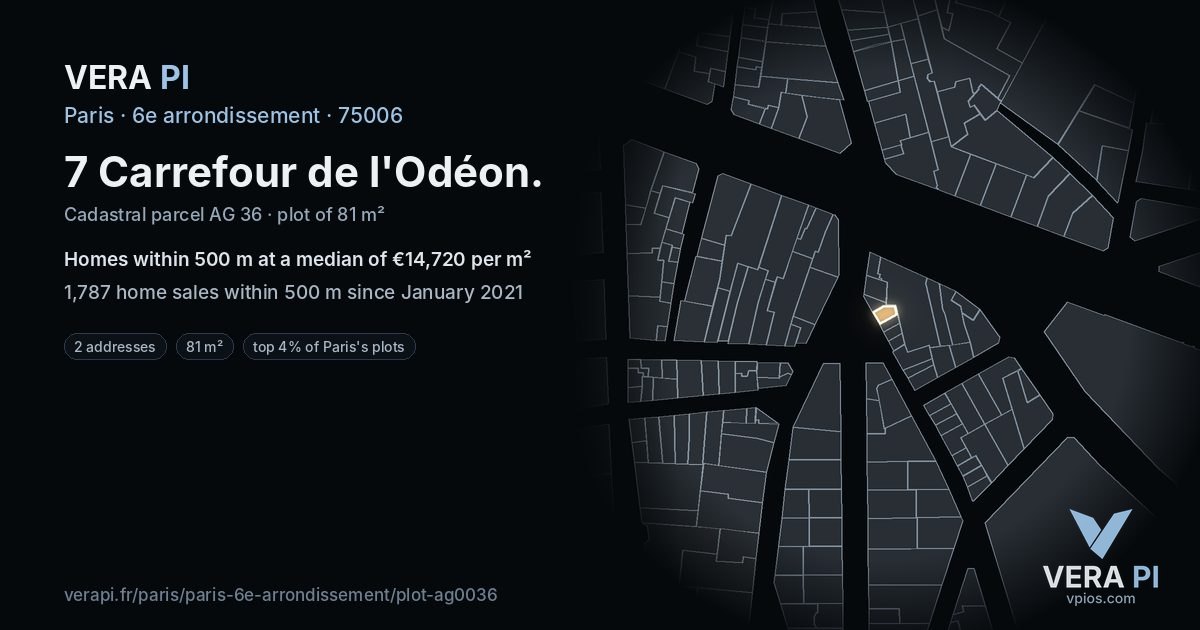 7 Carrefour de l'Odéon, 6e arrondissement at night – the plot lit, the parcels around coloured by the prices near them