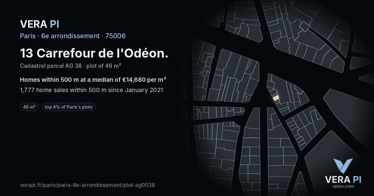 13 Carrefour de l'Odéon, 6e arrondissement at night – the plot lit, the parcels around coloured by the prices near them