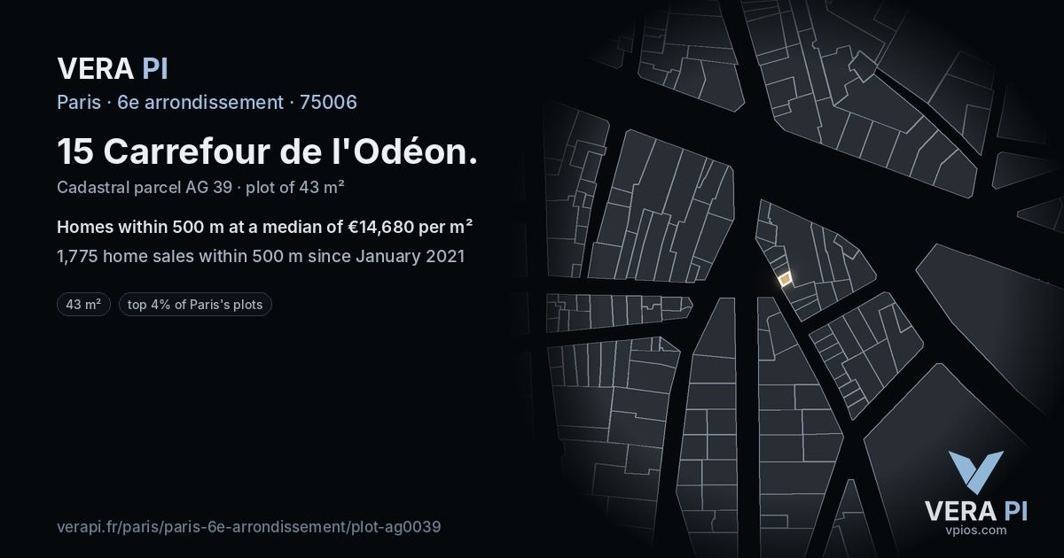 15 Carrefour de l'Odéon, 6e arrondissement at night – the plot lit, the parcels around coloured by the prices near them