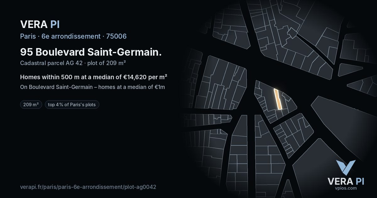 95 Boulevard Saint-Germain, 6e arrondissement at night – the plot lit, the parcels around coloured by the prices near them