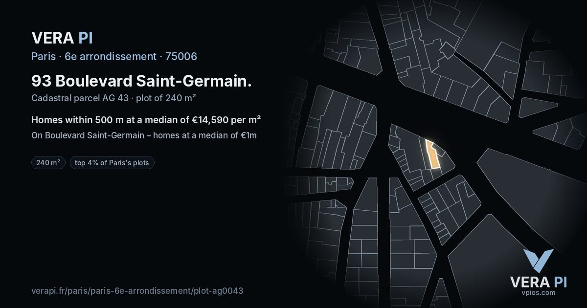 93 Boulevard Saint-Germain, 6e arrondissement at night – the plot lit, the parcels around coloured by the prices near them