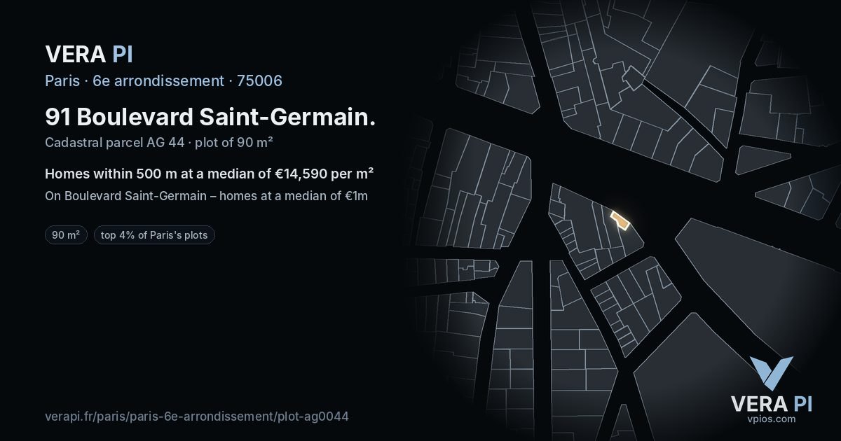 91 Boulevard Saint-Germain, 6e arrondissement at night – the plot lit, the parcels around coloured by the prices near them