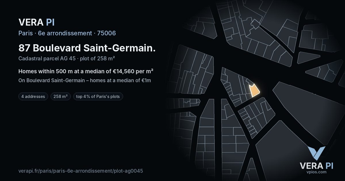 87 Boulevard Saint-Germain, 6e arrondissement at night – the plot lit, the parcels around coloured by the prices near them
