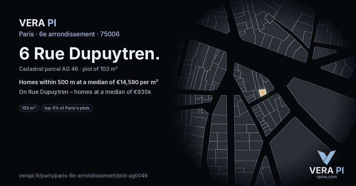 6 Rue Dupuytren, 6e arrondissement at night – the plot lit, the parcels around coloured by the prices near them