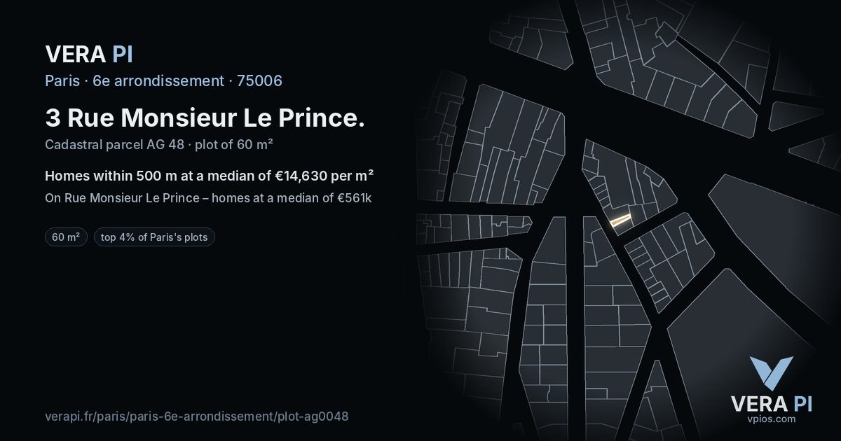 3 Rue Monsieur Le Prince, 6e arrondissement at night – the plot lit, the parcels around coloured by the prices near them