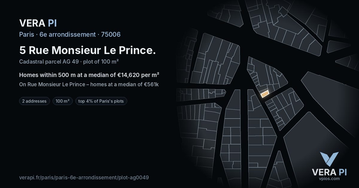5 Rue Monsieur Le Prince, 6e arrondissement at night – the plot lit, the parcels around coloured by the prices near them