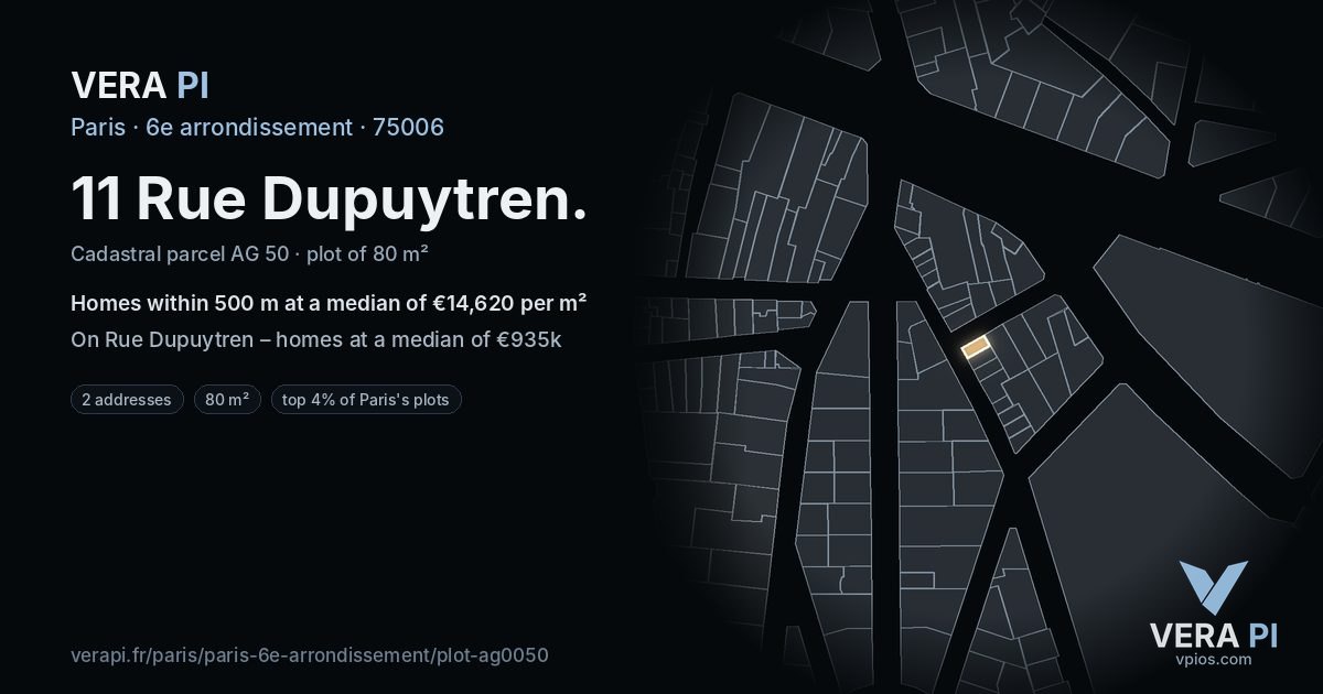 11 Rue Dupuytren, 6e arrondissement at night – the plot lit, the parcels around coloured by the prices near them