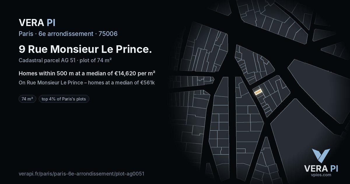 9 Rue Monsieur Le Prince, 6e arrondissement at night – the plot lit, the parcels around coloured by the prices near them