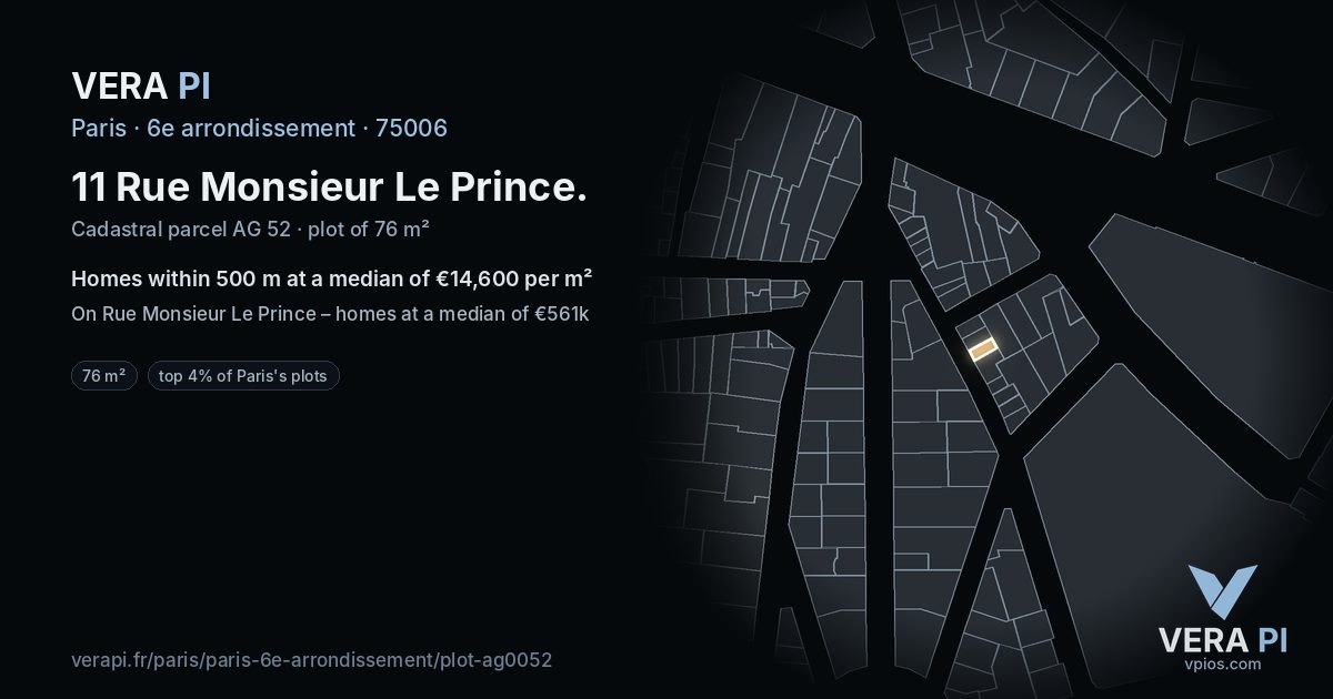 11 Rue Monsieur Le Prince, 6e arrondissement at night – the plot lit, the parcels around coloured by the prices near them
