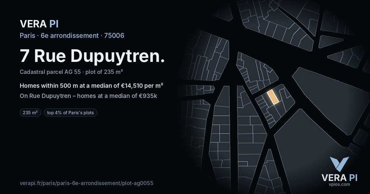 7 Rue Dupuytren, 6e arrondissement at night – the plot lit, the parcels around coloured by the prices near them