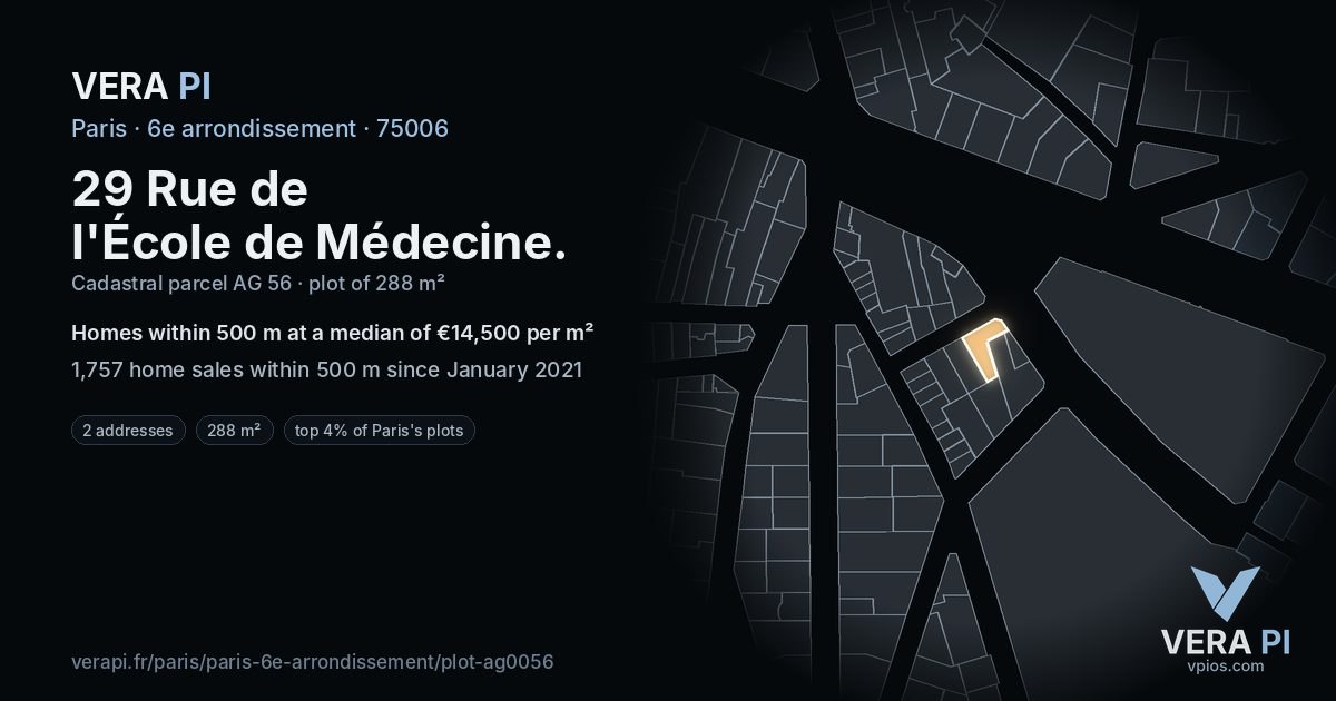 29 Rue de l'École de Médecine, 6e arrondissement at night – the plot lit, the parcels around coloured by the prices near them
