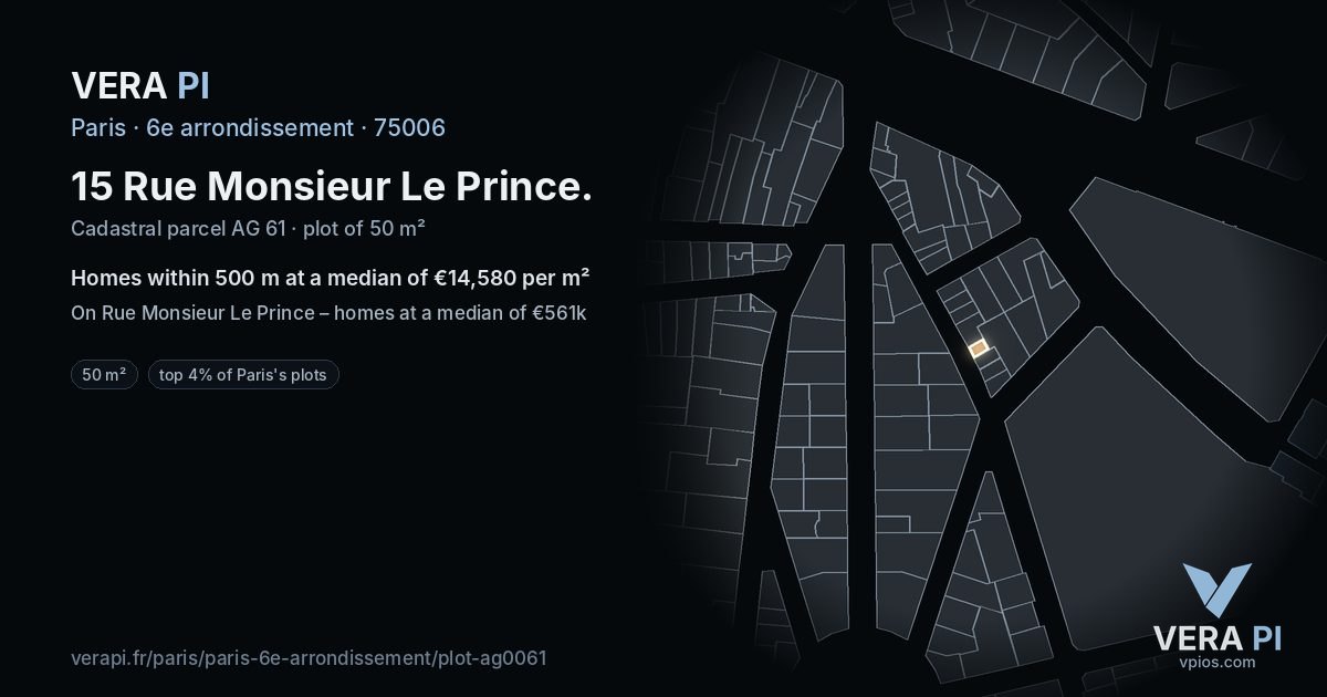 15 Rue Monsieur Le Prince, 6e arrondissement at night – the plot lit, the parcels around coloured by the prices near them