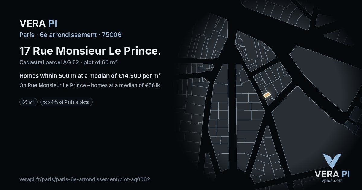 17 Rue Monsieur Le Prince, 6e arrondissement at night – the plot lit, the parcels around coloured by the prices near them