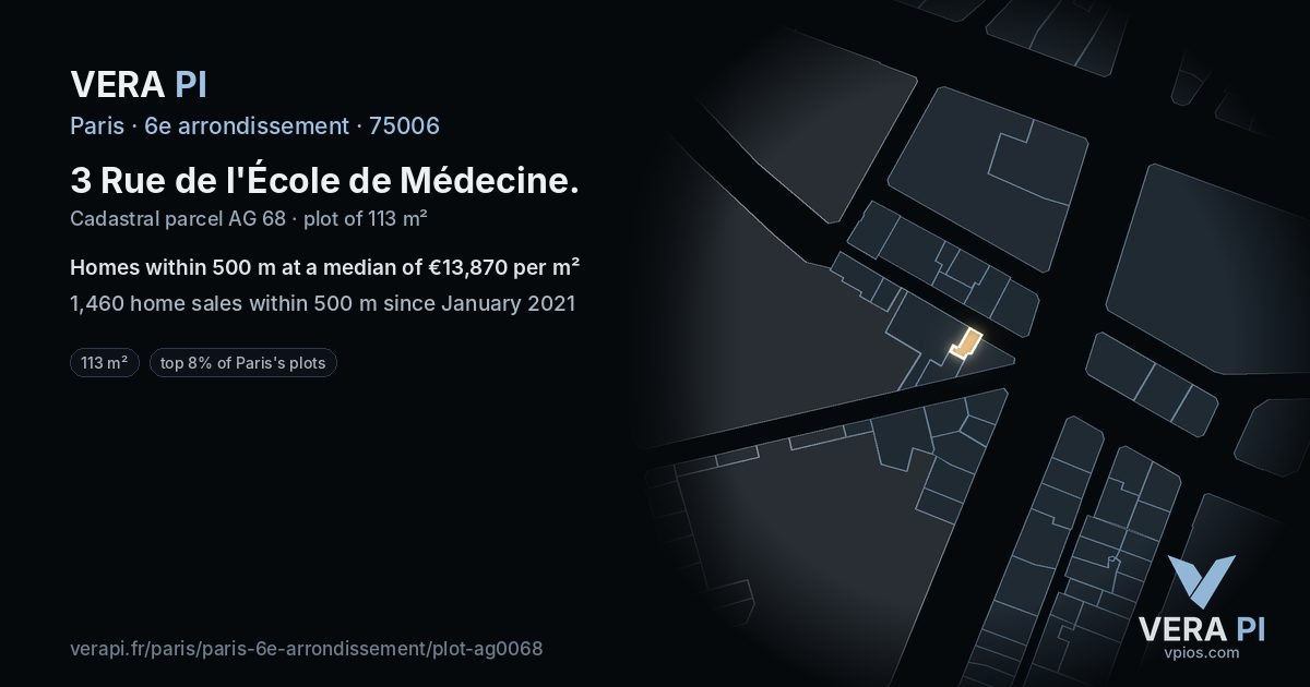3 Rue de l'École de Médecine, 6e arrondissement at night – the plot lit, the parcels around coloured by the prices near them