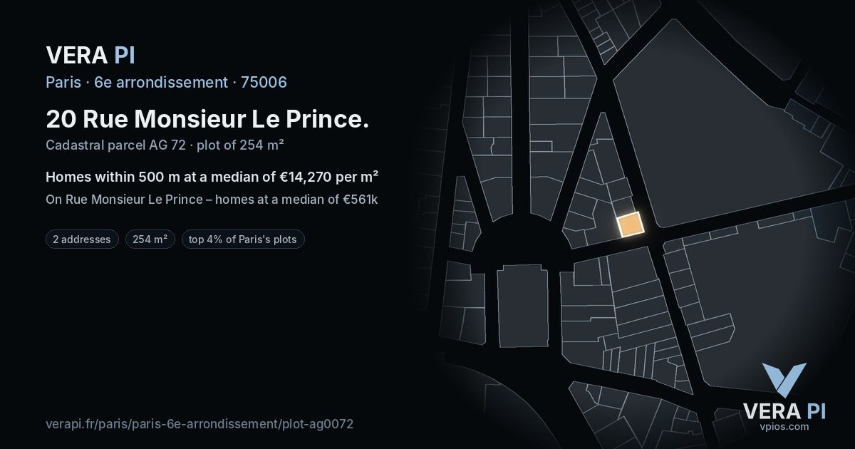 20 Rue Monsieur Le Prince, 6e arrondissement at night – the plot lit, the parcels around coloured by the prices near them