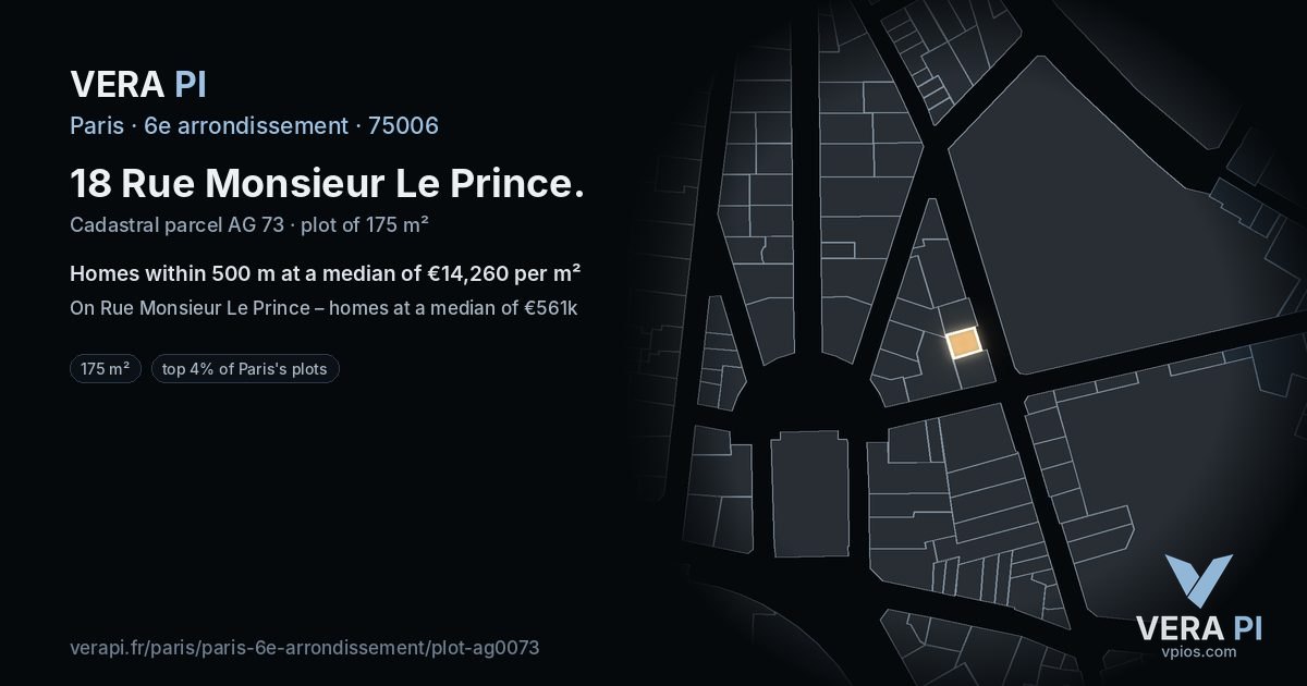18 Rue Monsieur Le Prince, 6e arrondissement at night – the plot lit, the parcels around coloured by the prices near them
