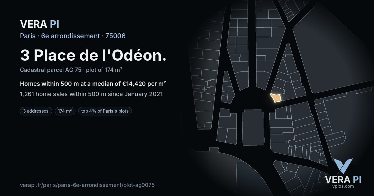3 Place de l'Odéon, 6e arrondissement at night – the plot lit, the parcels around coloured by the prices near them