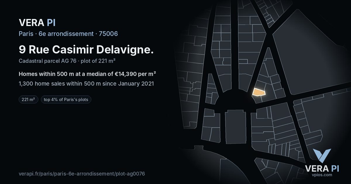 9 Rue Casimir Delavigne, 6e arrondissement at night – the plot lit, the parcels around coloured by the prices near them