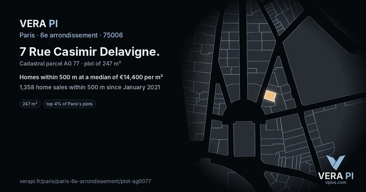 7 Rue Casimir Delavigne, 6e arrondissement at night – the plot lit, the parcels around coloured by the prices near them