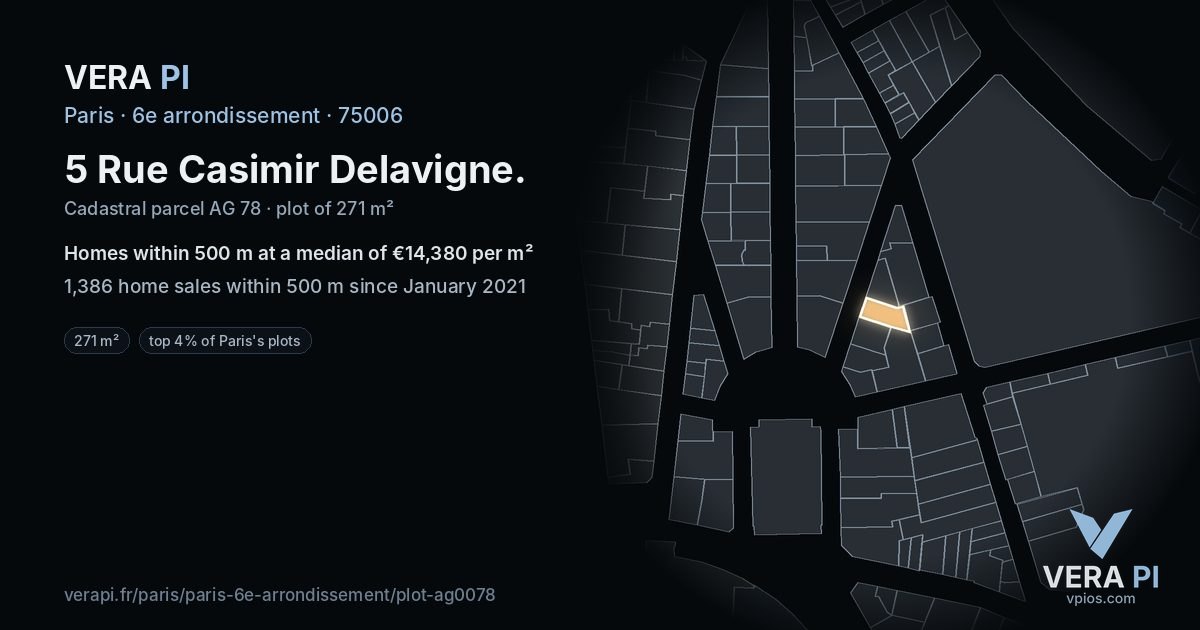 5 Rue Casimir Delavigne, 6e arrondissement at night – the plot lit, the parcels around coloured by the prices near them